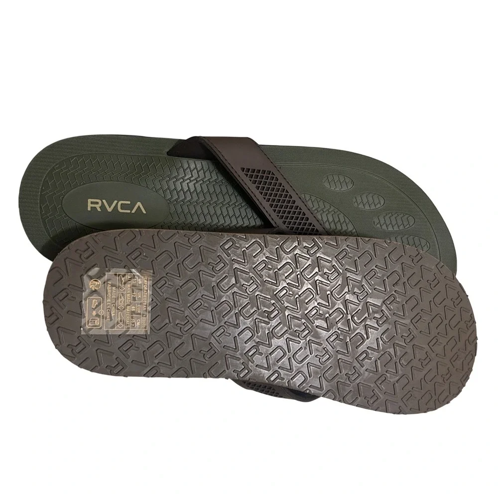 RVCA Perforated‎ TBar Mens Flip Flops Olive Green Brown Sandals 103063 Size 13